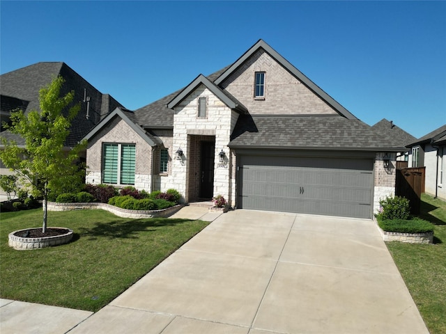 french country inspired facade with concrete driveway, roof with shingles, stone siding, and a front yard
