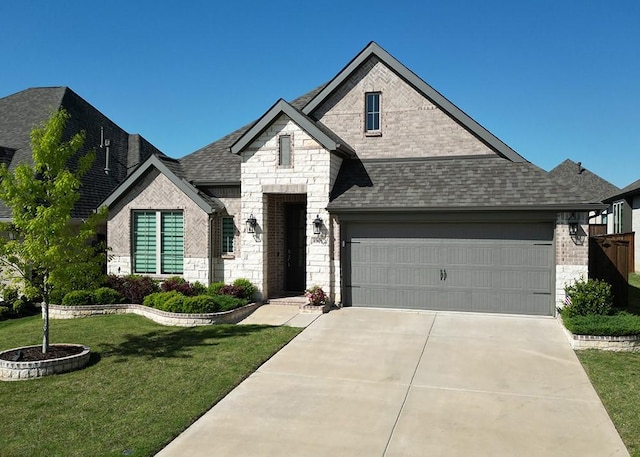 8901 Brandy Branch Way, Mckinney, TX 75071 - french country home with stone siding, a front lawn, driveway, and roof with shingles