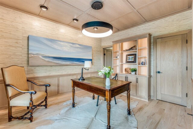 office area featuring wallpapered walls and light wood finished floors