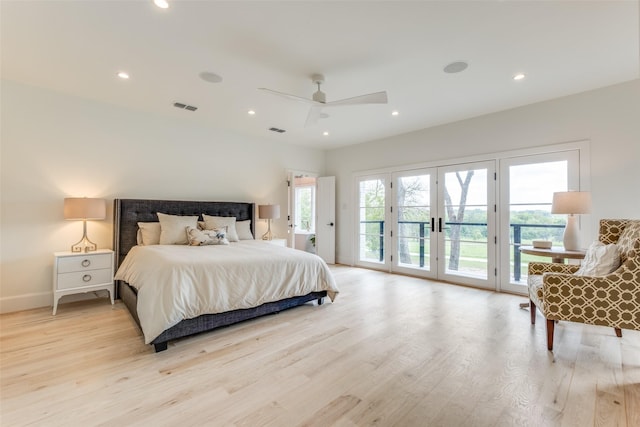 bedroom with light wood finished floors, visible vents, recessed lighting, and access to exterior
