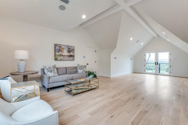 living area featuring baseboards, light wood-style floors, vaulted ceiling with beams, and recessed lighting