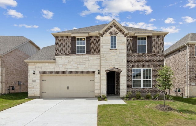 11205 Boyne Ave, Fort Worth, TX 76052 - view of front facade with stone siding, a front lawn, a garage, a shingled roof, and concrete driveway