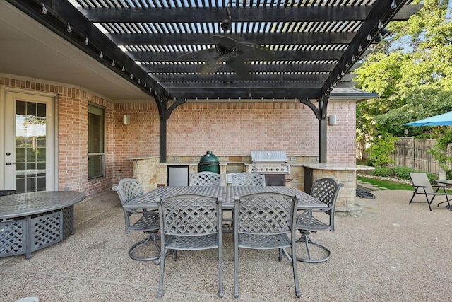 view of patio with fence, outdoor dining space, grilling area, and a pergola