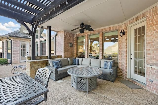 view of patio / terrace with a pergola, outdoor lounge area, and ceiling fan