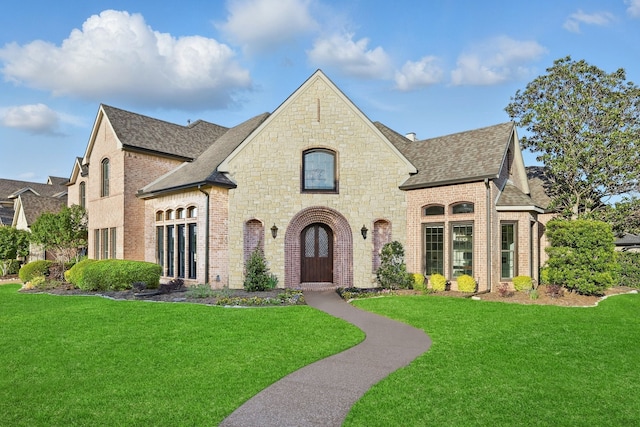french country inspired facade featuring roof with shingles, a front yard, brick siding, and stone siding