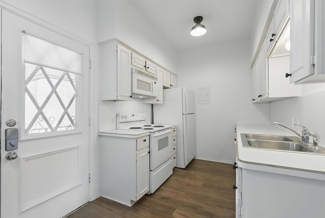 4320 Bellaire Dr S Unit 206W, Fort Worth, TX 76109 - kitchen with a sink, white appliances, light countertops, white cabinets, and dark wood-type flooring