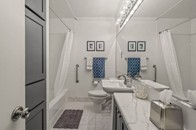 full bathroom with vanity, ornamental molding, marble finish floor, shower / tub combo with curtain, and toilet