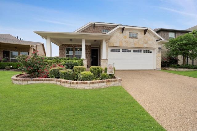view of front facade with brick siding, an attached garage, a front yard, and concrete driveway