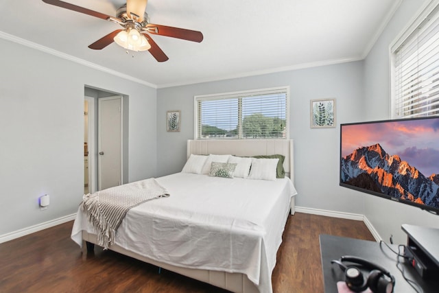 bedroom featuring ceiling fan, baseboards, ornamental molding, and wood finished floors