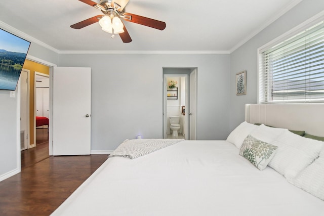 bedroom featuring a ceiling fan, ornamental molding, wood finished floors, and ensuite bathroom