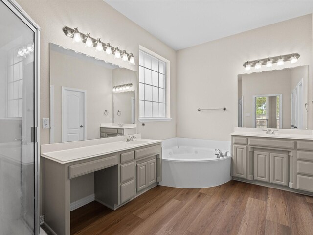 full bathroom featuring two vanities, a garden tub, wood finished floors, and a sink