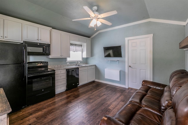 kitchen featuring dark wood-style floors, white cabinetry, lofted ceiling, ceiling fan, and black appliances