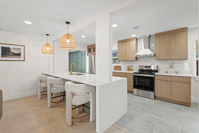 kitchen with wall chimney exhaust hood, stainless steel appliances, light countertops, and a sink
