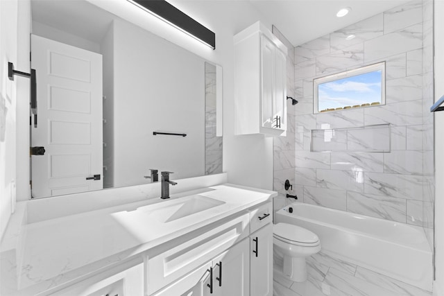 1822 Bickers St, Dallas, TX 75212 - full bathroom featuring marble finish flooring, vanity, toilet, shower / tub combination, and recessed lighting