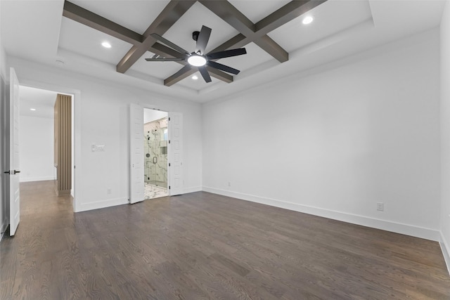 1822 Bickers St, Dallas, TX 75212 - unfurnished bedroom featuring coffered ceiling, recessed lighting, dark wood-style flooring, beam ceiling, and baseboards