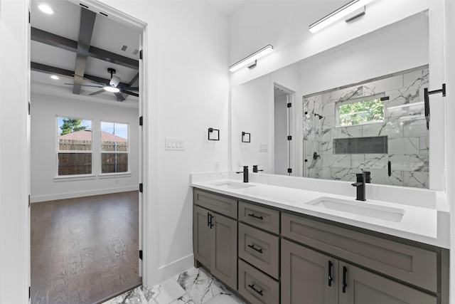 1822 Bickers St, Dallas, TX 75212 - full bath featuring healthy amount of natural light, a ceiling fan, a marble finish shower, double vanity, and recessed lighting
