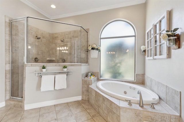 bathroom featuring a jetted tub, a wealth of natural light, a stall shower, and ornamental molding