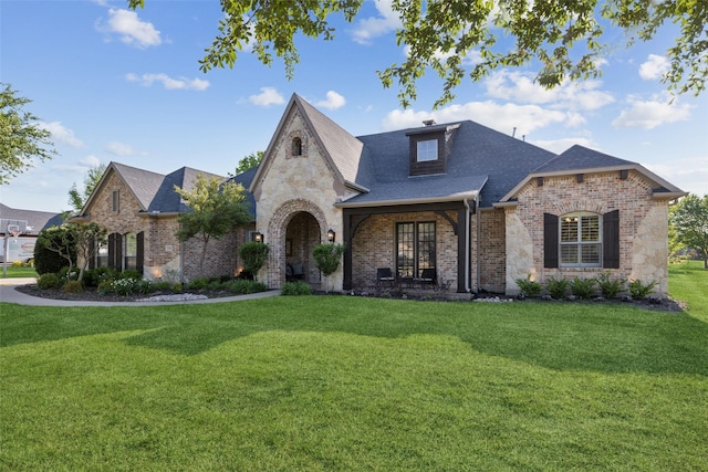 french country inspired facade featuring brick siding, a shingled roof, and a front lawn