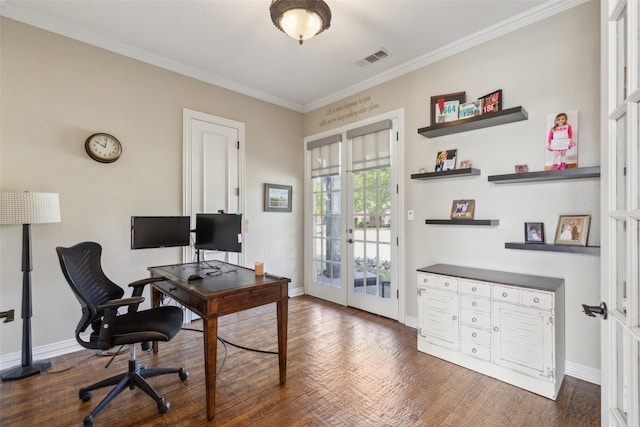 home office featuring visible vents, crown molding, baseboards, and french doors