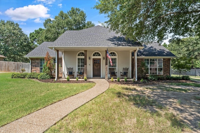 view of front of house featuring a front lawn, a porch, fence, brick siding, and a shingled roof