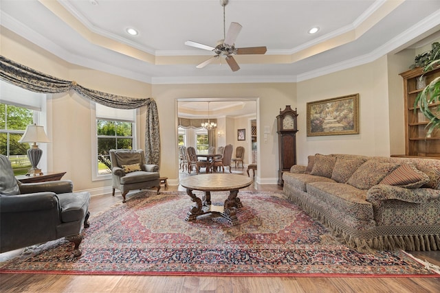 living area featuring plenty of natural light, a tray ceiling, and ornamental molding