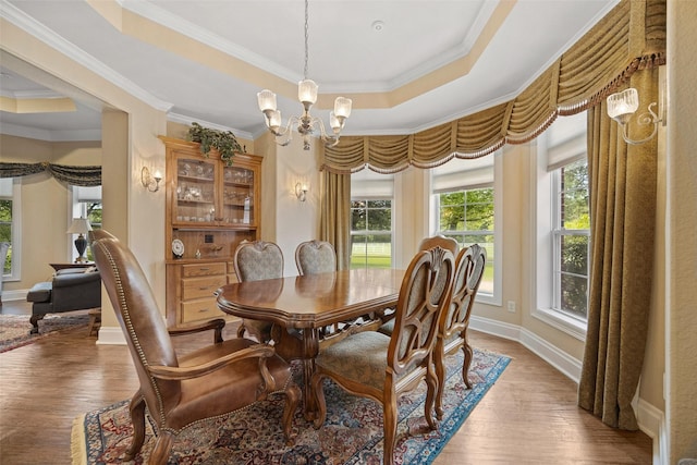 dining space with an inviting chandelier, a healthy amount of sunlight, wood finished floors, and a raised ceiling