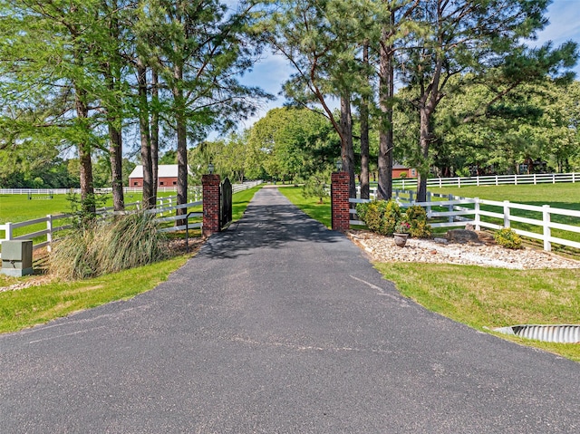 view of road with a gated entry and aphalt driveway