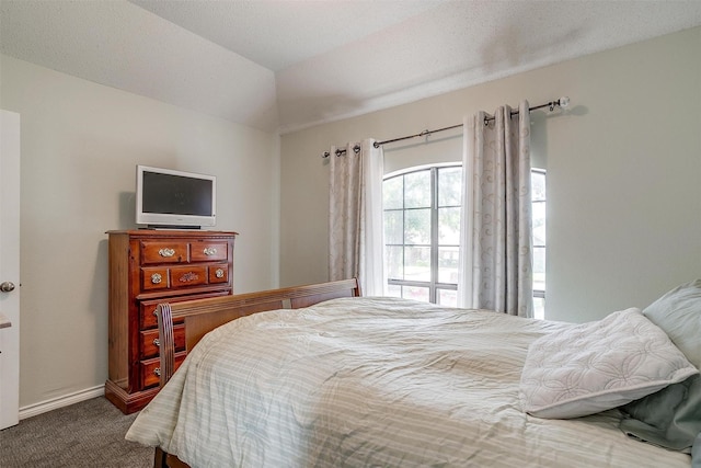 bedroom featuring vaulted ceiling, baseboards, and carpet
