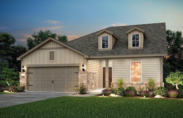 cape cod house with roof with shingles, a front lawn, stone siding, concrete driveway, and an attached garage
