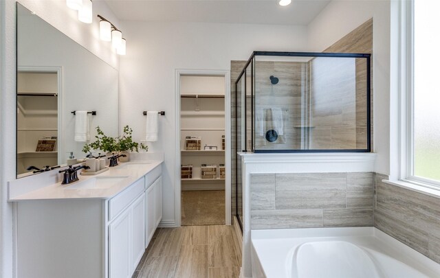 full bath featuring a bath, a spacious closet, a stall shower, and a sink