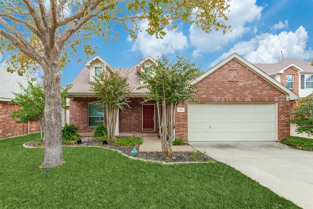 604 Lake Village Dr, Mckinney, TX 75071 - view of front facade with brick siding, a garage, concrete driveway, a front yard, and roof with shingles