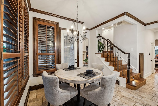 dining area featuring stairs, ornamental molding, baseboards, stone tile floors, and a notable chandelier