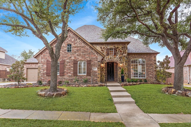 french provincial home featuring brick siding, roof with shingles, and a front lawn