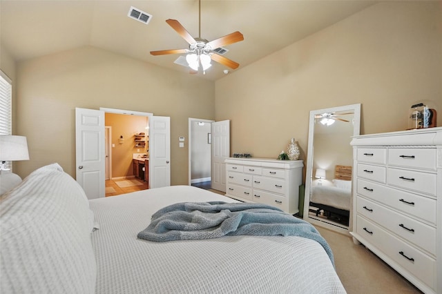 bedroom featuring visible vents, high vaulted ceiling, and ceiling fan