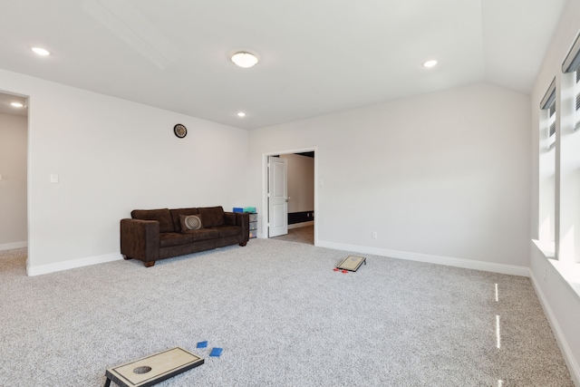 living area with baseboards, carpet flooring, and recessed lighting
