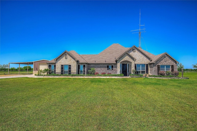 view of front of property featuring a front lawn, driveway, stone siding, and a garage