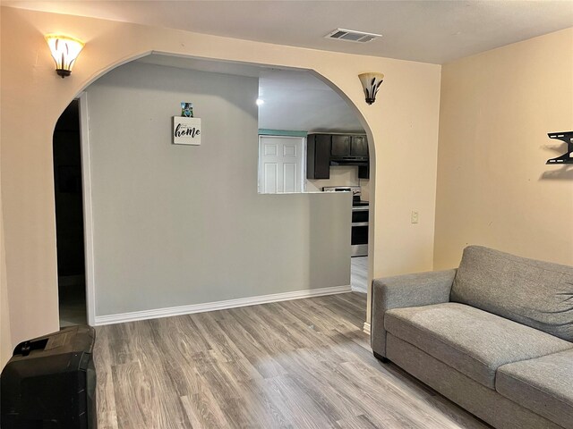 living area featuring wood finished floors, visible vents, baseboards, and arched walkways