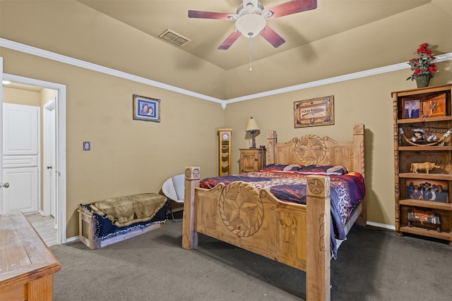 carpeted bedroom with a tray ceiling, visible vents, baseboards, and ceiling fan