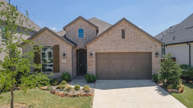 view of front of house featuring an attached garage, a shingled roof, driveway, and brick siding