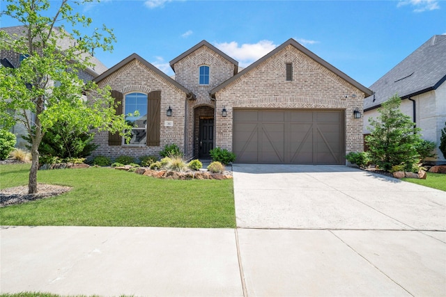 french country inspired facade with brick siding, an attached garage, a front lawn, and driveway
