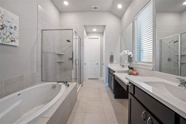 full bath featuring a bath, a stall shower, visible vents, recessed lighting, and vanity