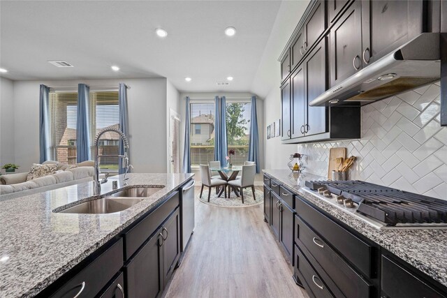 kitchen featuring light wood finished floors, a sink, backsplash, under cabinet range hood, and appliances with stainless steel finishes