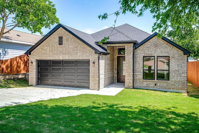 view of front of house featuring fence, concrete driveway, brick siding, and a garage