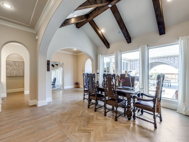 dining space with recessed lighting, arched walkways, vaulted ceiling with beams, and baseboards