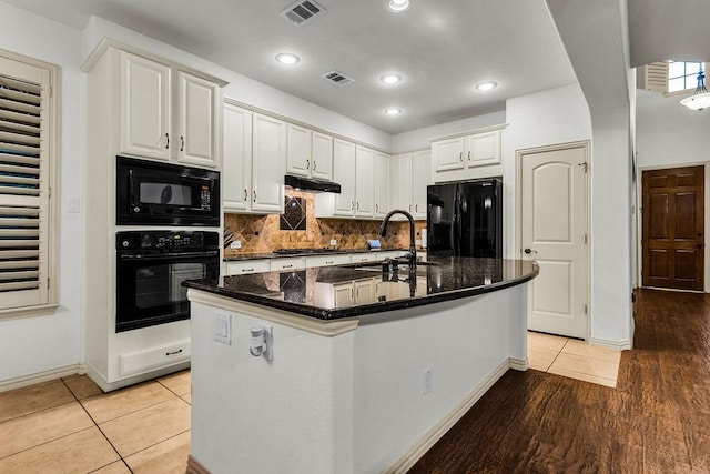 14208 Rising Star Blvd, Frisco, TX 75033 - kitchen with black appliances, a sink, under cabinet range hood, white cabinetry, and recessed lighting