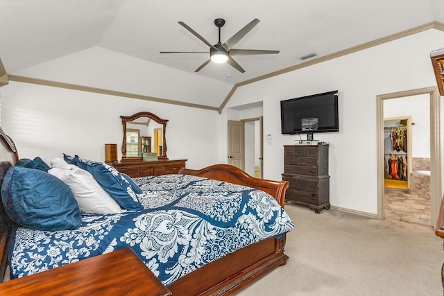 14208 Rising Star Blvd, Frisco, TX 75033 - bedroom featuring carpet floors, lofted ceiling, baseboards, ceiling fan, and ornamental molding
