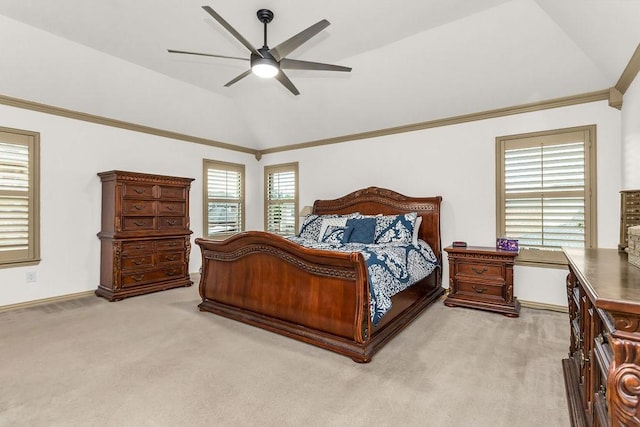 bedroom with baseboards, ceiling fan, light colored carpet, and lofted ceiling