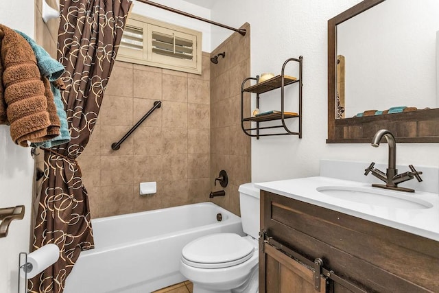 full bathroom with shower / bath combo with shower curtain, toilet, and vanity