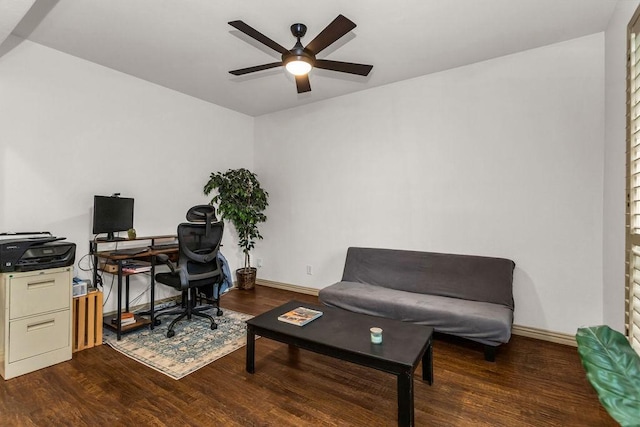 home office featuring wood finished floors, ceiling fan, and baseboards