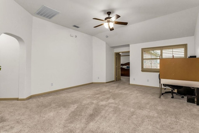 14208 Rising Star Blvd, Frisco, TX 75033 - unfurnished office featuring lofted ceiling, carpet, ceiling fan, arched walkways, and baseboards